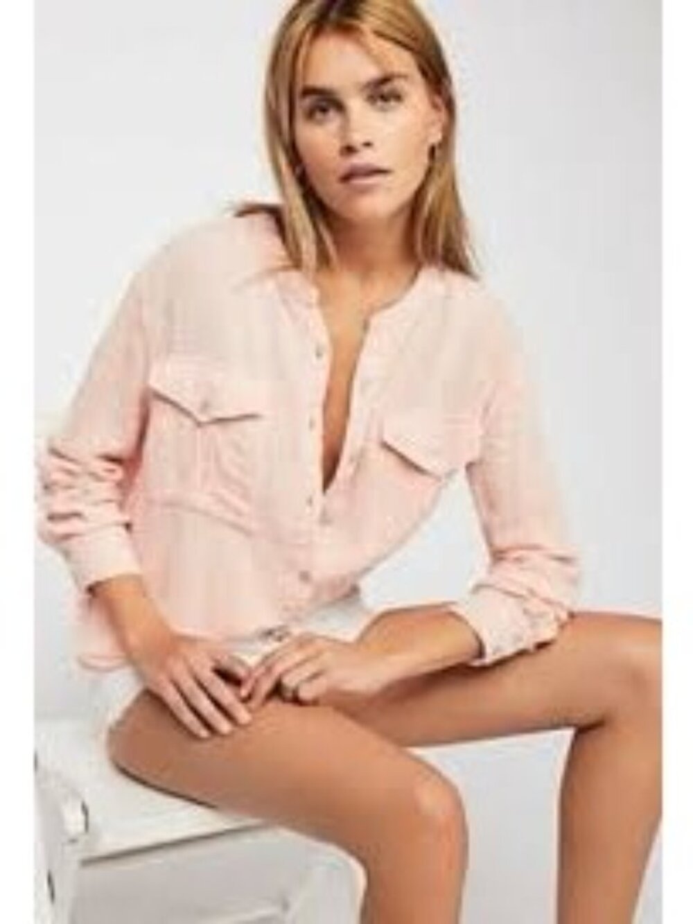 Free People Talk To Me Peach LS Tunic M Frayed Hem Relax Fit Pockets Gauzy Medi